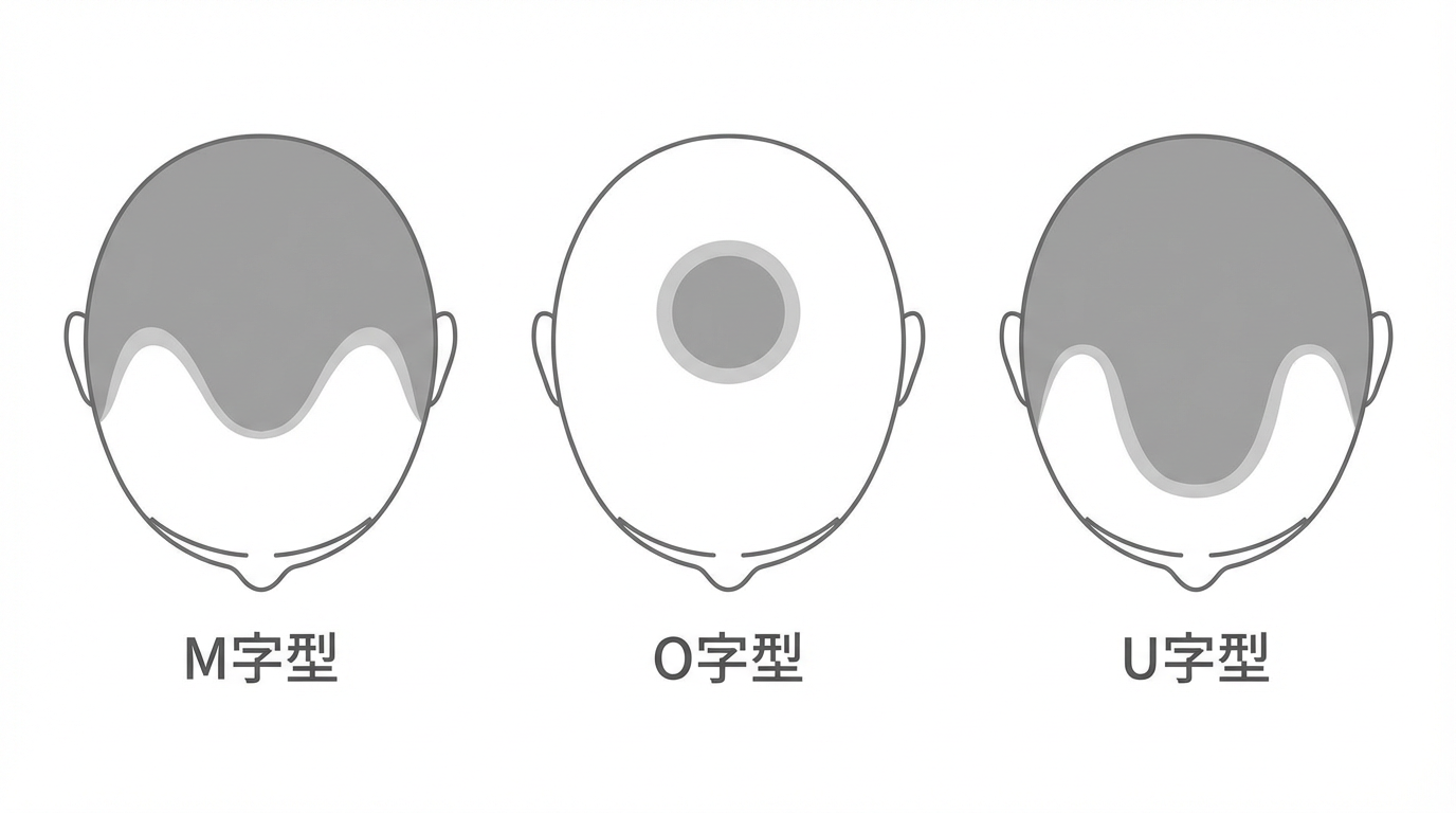 薄毛パターンM字・O字・U字のイメージ